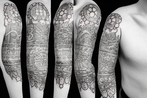 Tatoo for arm, from the shoulder, dotwork, various styles, with gears on the shoulder with a hooked letter tattoo idea