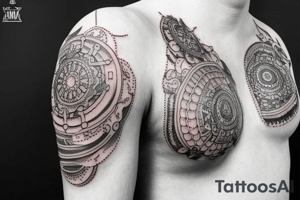 Tatoo for arm, from the shoulder, dotwork, various styles, with gears on the shoulder with a hooked letter tattoo idea
