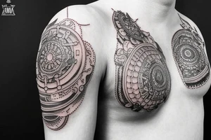 Tatoo for arm, from the shoulder, dotwork, various styles, with gears on the shoulder with a hooked letter tattoo idea