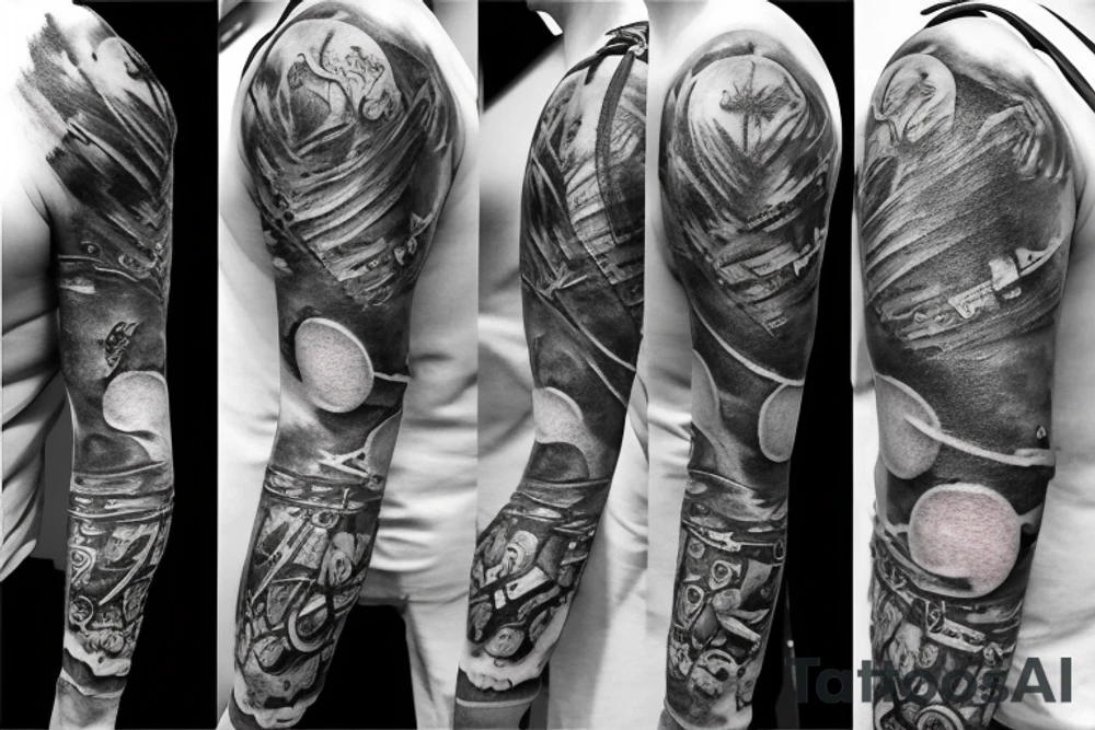 Tatoo for arm, from the shoulder, dotwork, various styles, with gears on the shoulder with a hooked letter tattoo idea