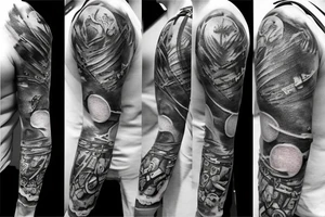 Tatoo for arm, from the shoulder, dotwork, various styles, with gears on the shoulder with a hooked letter tattoo idea