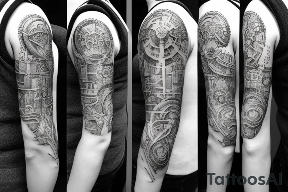 Tatoo for arm, from the shoulder, dotwork, various styles, with gears on the shoulder with a hooked letter tattoo idea