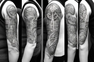 Tatoo for arm, from the shoulder, dotwork, various styles, with gears on the shoulder with a hooked letter tattoo idea