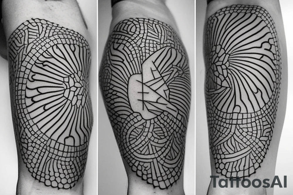 Estilo dotwork, hombro hasta antebrazo, con varios diseños separados por lineas en blanco tattoo idea