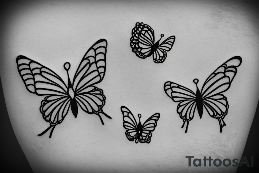 Small and minimalist Rib cage tattoo for three children with cartoon butterflies tattoo idea