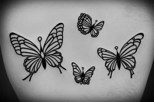 Small and minimalist Rib cage tattoo for three children with cartoon butterflies tattoo idea