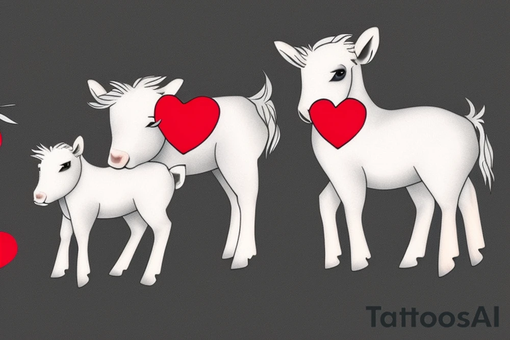 Create a image of two mini ponies with a red heart in the background. tattoo idea