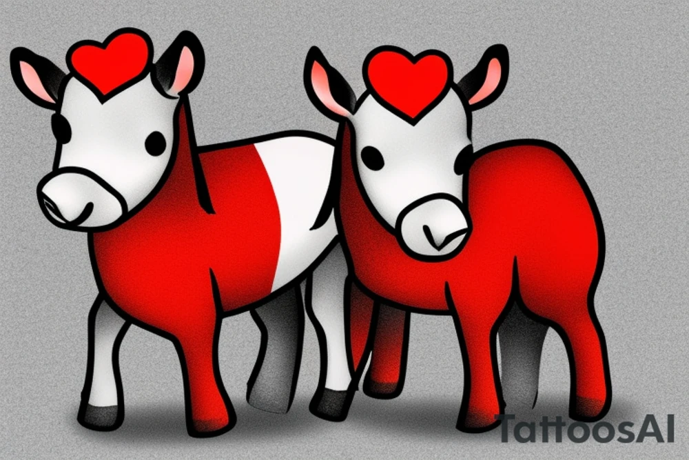 Create a image of two mini ponies with a red heart in the background. tattoo idea