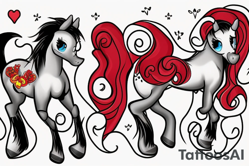 Create a image of two ponies with a red heart in the background. tattoo idea