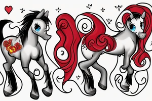Create a image of two ponies with a red heart in the background. tattoo idea