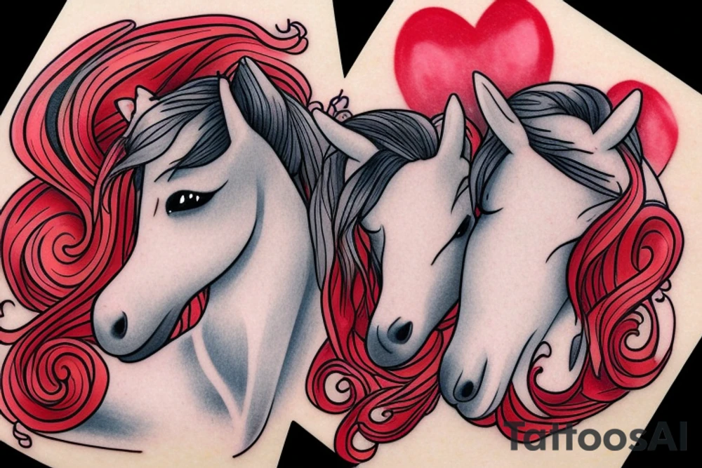 Create a image of two ponies with a red heart in the background. tattoo idea