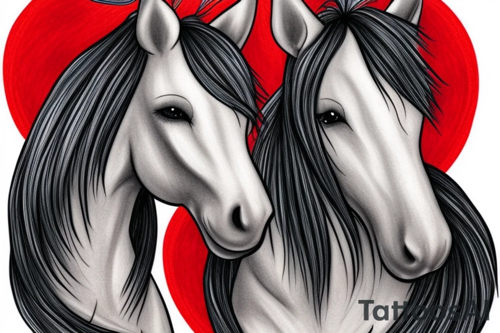 Create a image of two ponies with a red heart in the background. tattoo idea
