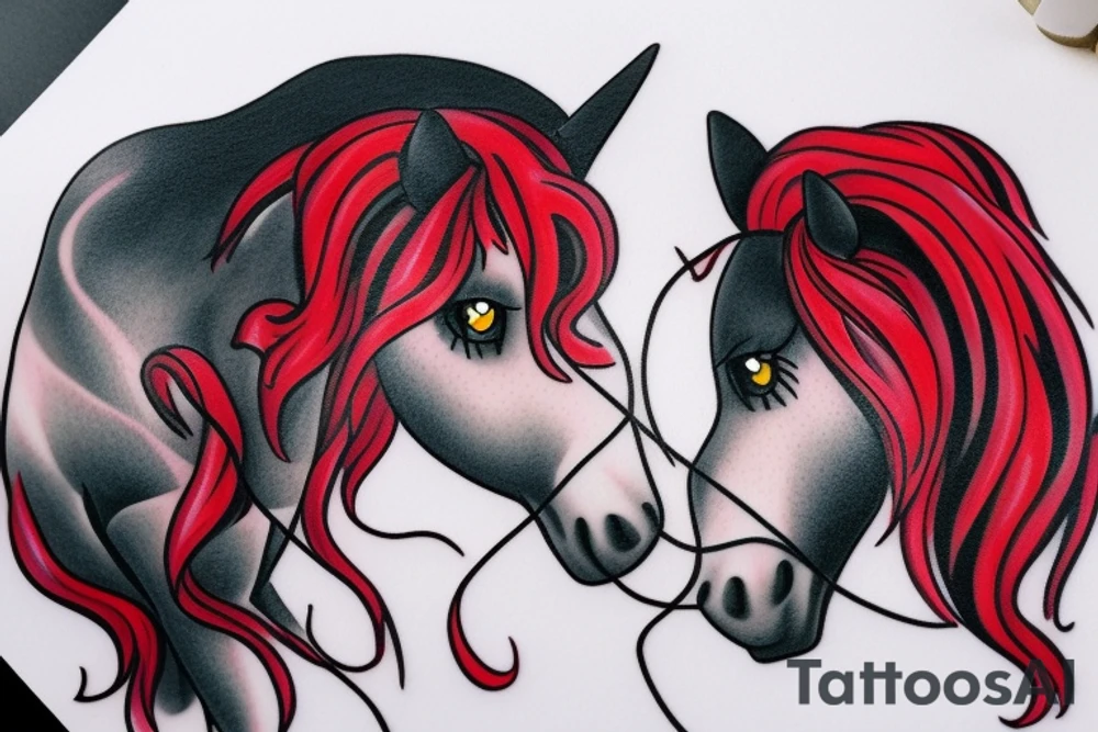 Create a image of two ponies with a red heart in the background. tattoo idea