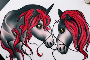 Create a image of two ponies with a red heart in the background. tattoo idea