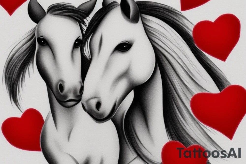 Create a image of two ponies with a red heart in the background. tattoo idea