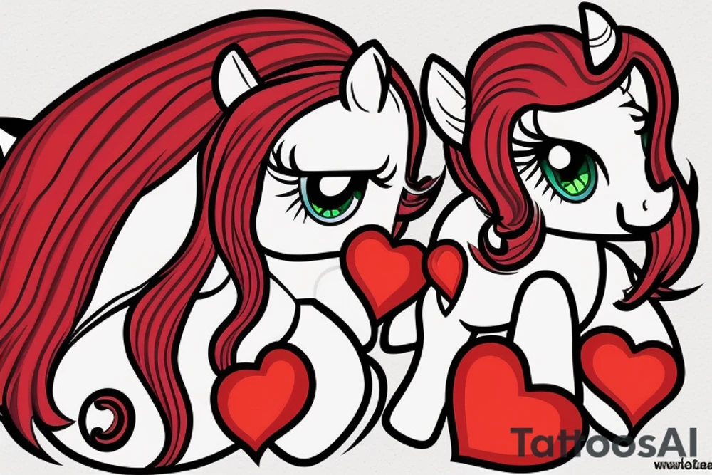Create a image of two ponies with a red heart in the background. tattoo idea