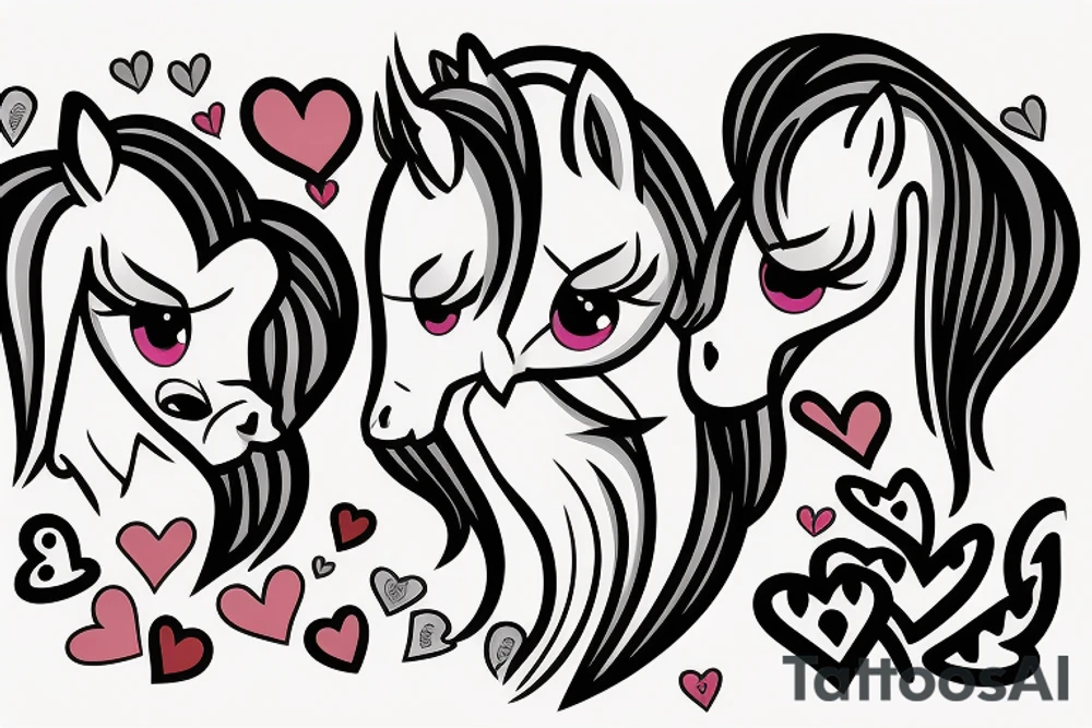 Two pony heads looking at each other, Heart in the background tattoo idea