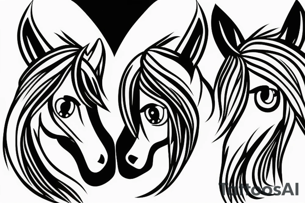 Two pony heads looking at each other, Heart in the background tattoo idea