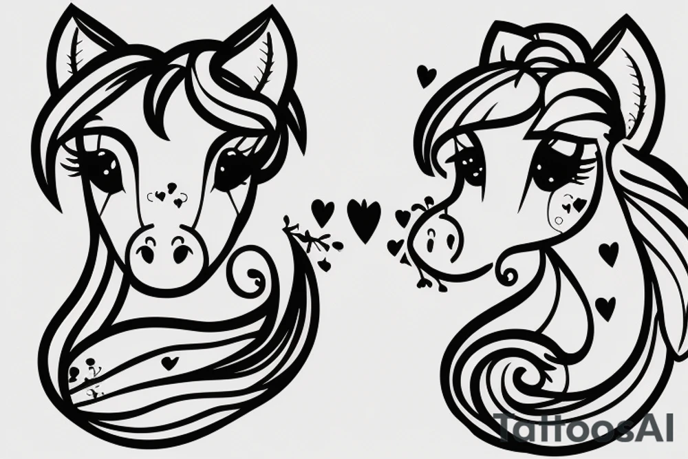 Two pony heads looking at each other, Heart in the background tattoo idea