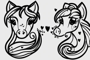 Two pony heads looking at each other, Heart in the background tattoo idea