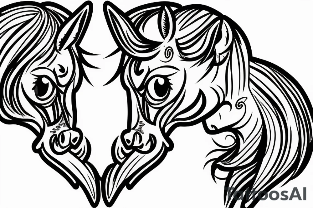 Two pony heads looking at each other, Heart in the background tattoo idea
