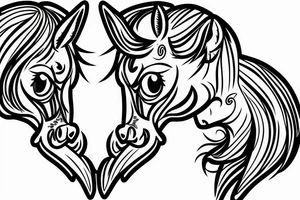 Two pony heads looking at each other, Heart in the background tattoo idea
