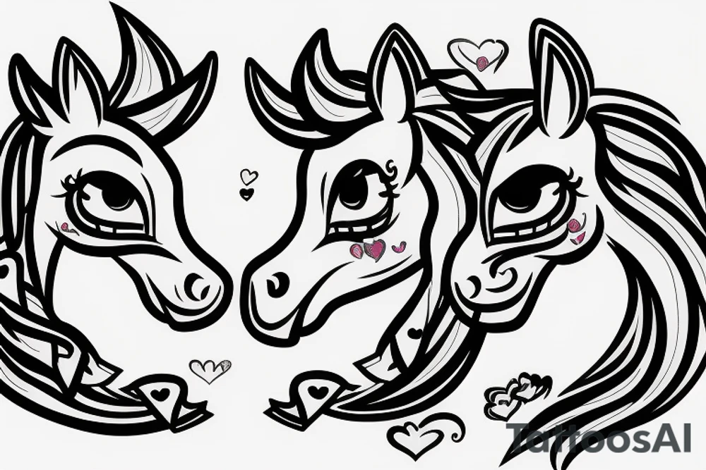 Two pony heads looking at each other, Heart in the background tattoo idea