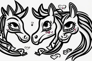 Two pony heads looking at each other, Heart in the background tattoo idea