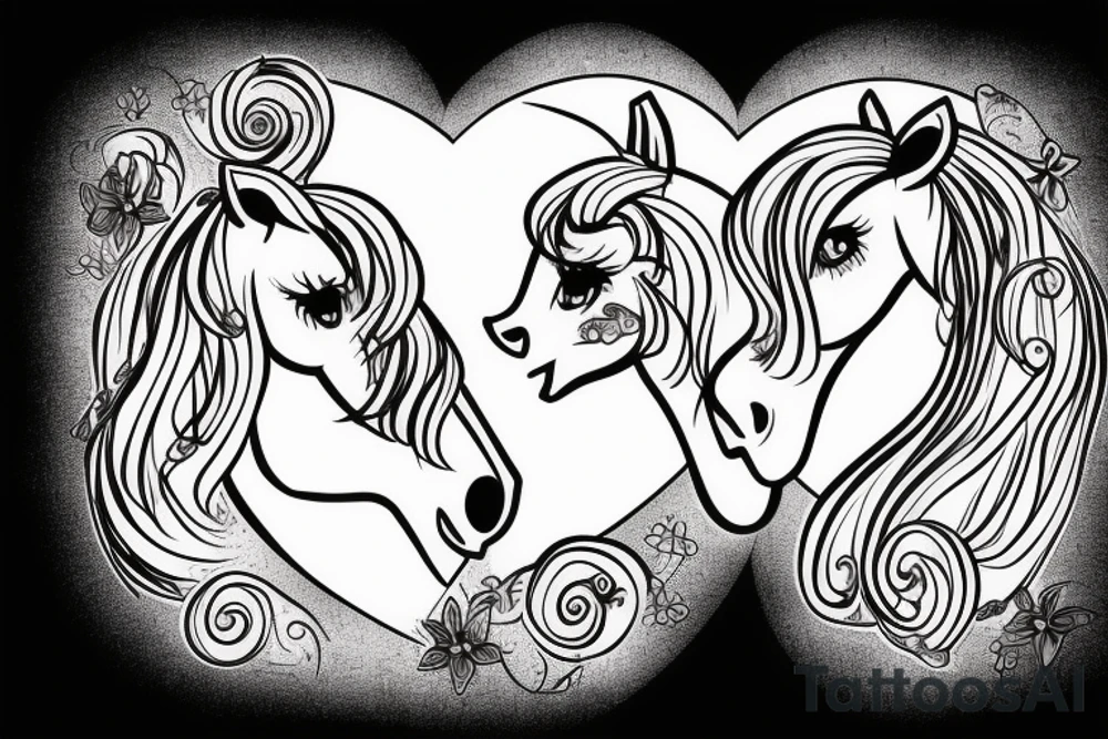 Two pony heads looking at each other, Heart in the background tattoo idea