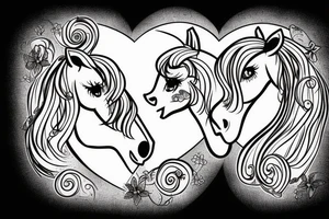 Two pony heads looking at each other, Heart in the background tattoo idea