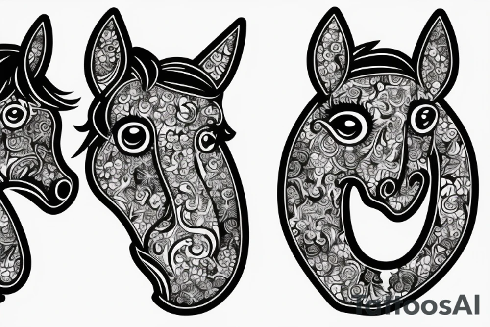 Two pony heads looking at each other, Heart in the background tattoo idea