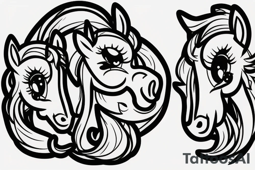 Two pony heads looking at each other, Heart in the background tattoo idea