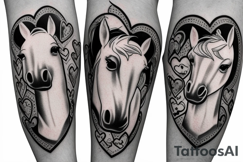 Two pony heads looking at each other, Heart in the background tattoo idea