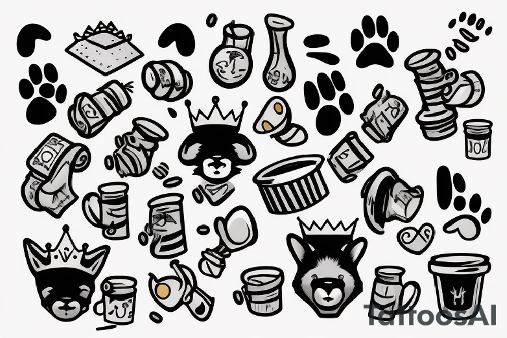 full body,color realistic,white background, cartoon, honey badger is smirking, he is in home robe with crown on his head, cup of coffee in left paw and two playing dice in right paw tattoo idea