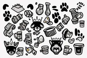 full body,color realistic,white background, cartoon, honey badger is smirking, he is in home robe with crown on his head, cup of coffee in left paw and two playing dice in right paw tattoo idea