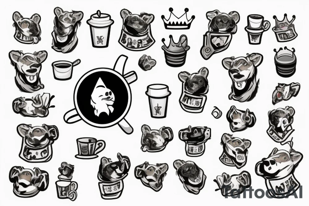 full body,color realistic,white background, cartoon, honey badger is smirking, he is in home robe with crown on his head, cup of coffee in left paw and two playing dice in right paw tattoo idea