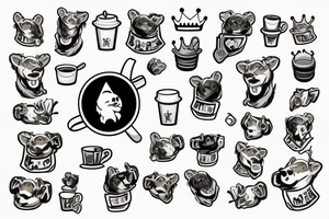 full body,color realistic,white background, cartoon, honey badger is smirking, he is in home robe with crown on his head, cup of coffee in left paw and two playing dice in right paw tattoo idea