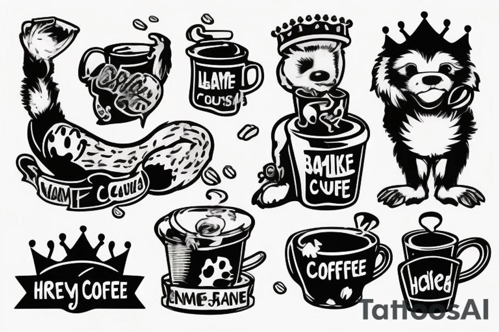 full body,color realistic,white background, cartoon, honey badger is smirking, he is in home robe with crown on his head, cup of coffee in left paw and two playing dice in right paw tattoo idea
