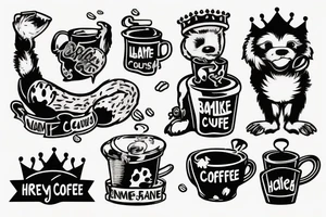full body,color realistic,white background, cartoon, honey badger is smirking, he is in home robe with crown on his head, cup of coffee in left paw and two playing dice in right paw tattoo idea