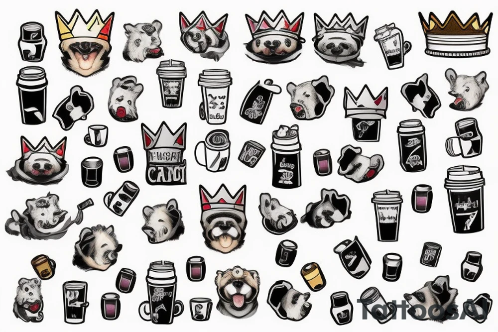 full body,color realistic,white background, cartoon, honey badger is smirking, he is in home robe with crown on his head, cup of coffee in left paw and two playing dice in right paw tattoo idea