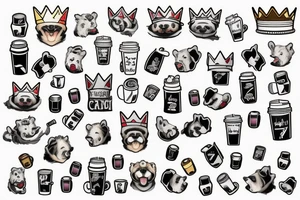 full body,color realistic,white background, cartoon, honey badger is smirking, he is in home robe with crown on his head, cup of coffee in left paw and two playing dice in right paw tattoo idea