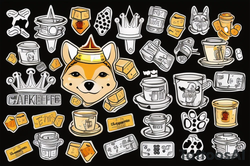 honey badger is smirking, he is in home robe with crown on his head, cup of coffee in left paw and two playing dice in right paw tattoo idea