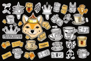 honey badger is smirking, he is in home robe with crown on his head, cup of coffee in left paw and two playing dice in right paw tattoo idea