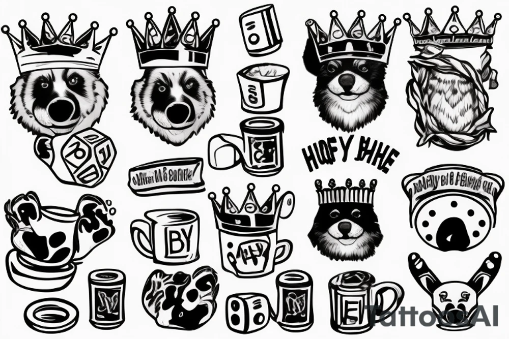 honey badger is smirking, he is in home robe with crown on his head, cup of coffee in left paw and two playing dice in right paw tattoo idea
