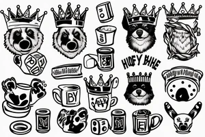 honey badger is smirking, he is in home robe with crown on his head, cup of coffee in left paw and two playing dice in right paw tattoo idea