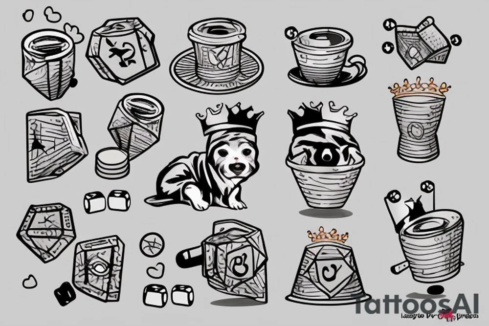 honey badger 
in home robe with crown on his head, cup of coffee in left paw and two playing dice in right paw tattoo idea