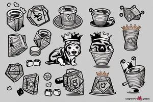 honey badger 
in home robe with crown on his head, cup of coffee in left paw and two playing dice in right paw tattoo idea