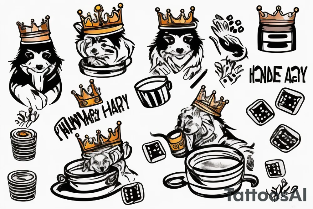 honey badger 
in home robe with crown on his head, cup of coffee in left paw and two playing dice in right paw tattoo idea