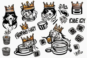 honey badger 
in home robe with crown on his head, cup of coffee in left paw and two playing dice in right paw tattoo idea