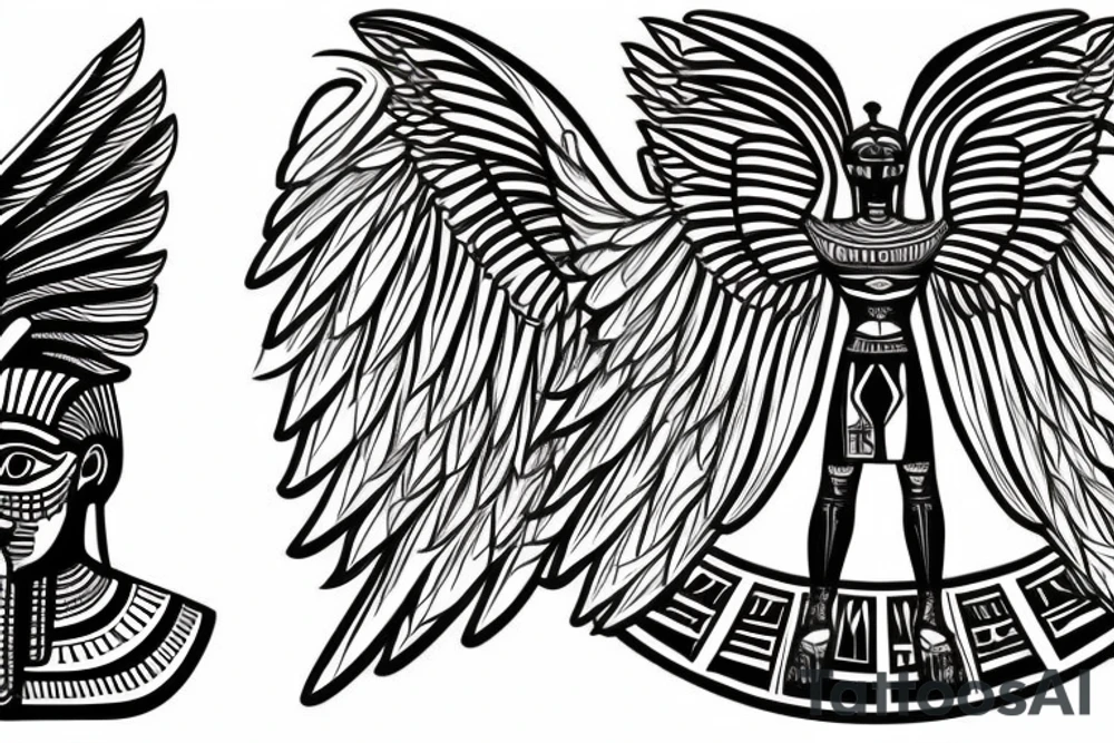 half Egyptian winged sphinx and half  Aztec winged sphinx in front of Aztec and Egyptian pyramids tattoo idea
